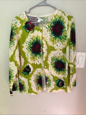 Garnet Hill merino wool sweater Green Floral Button Cardigan xl